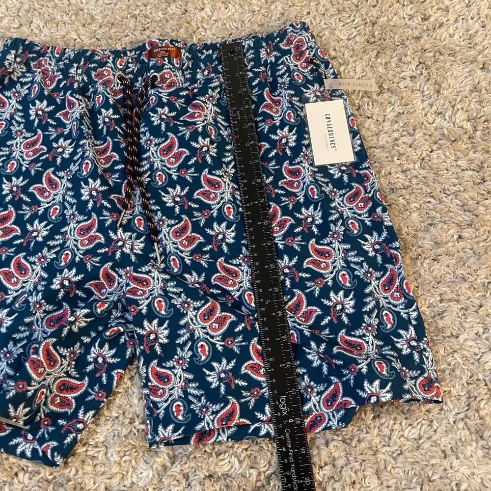 NWT Consequence Paisley Swim Trunks Teal Stretch Shorts Large - Picture 3 of 7